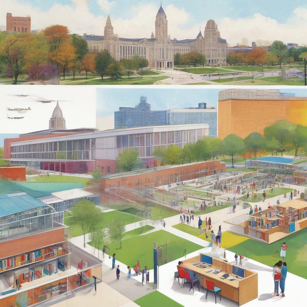 A vibrant illustration of UAlbany's campus, featuring diverse students engaging with various academic resources like the library, study groups, and online learning tools. Include elements representing different disciplines—books, science equipment, art supplies—set against a background of iconic buildings. The scene should evoke a sense of collaboration and exploration. colorful collage, modern style, bright and inviting.