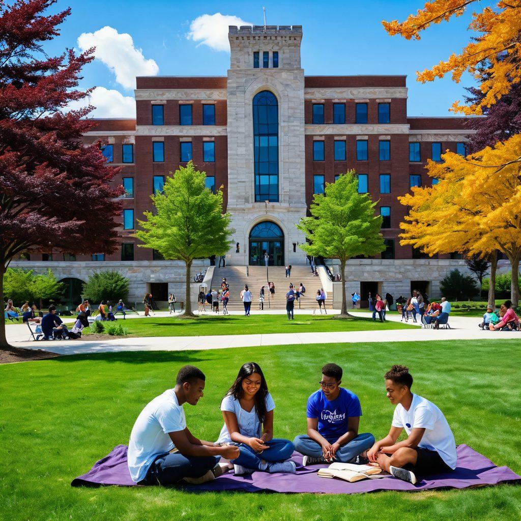A lively campus scene at UAlbany featuring diverse students engaged in various activities such as studying, collaborating in groups, and enjoying outdoor spaces, with iconic university buildings in the background. Integrate elements of innovation like tech gadgets and artistic projects. Bright colors and a sunny atmosphere to convey vibrancy and energy. super-realistic. vibrant colors. dynamic composition.