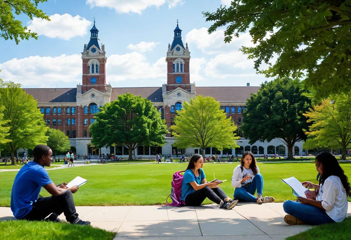 A vibrant campus scene at UAlbany bustling with diverse students engaged in brainstorming sessions, creating art, and collaborating on innovative projects. Include iconic campus buildings in the background, lush green spaces, and colorful banners promoting creativity and student life. Capture a sense of energy and motivation, highlighting the intersection of culture and innovation. super-realistic. vibrant colors. lively atmosphere.